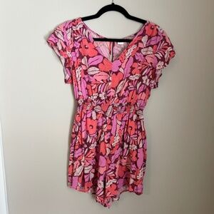 GAP Floral Romper Womens Medium Pink Coral Boho V-Neck Elastic Waist Shorts